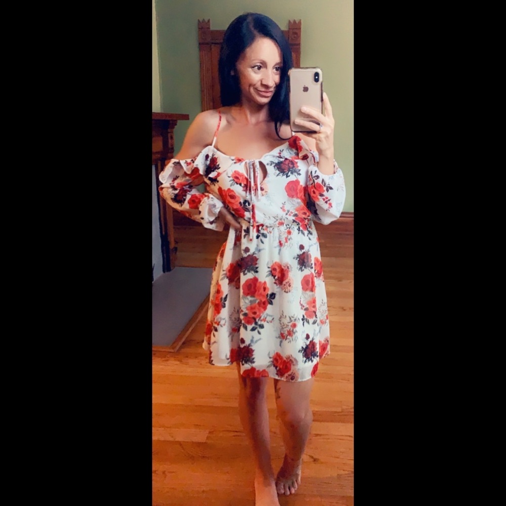 Off the shoulder white and orange floral dress